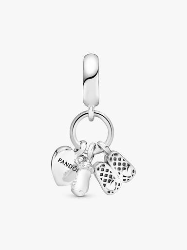 Shoes, baby bottle and heart silver dangle with clear cubic zirconia and white enamel