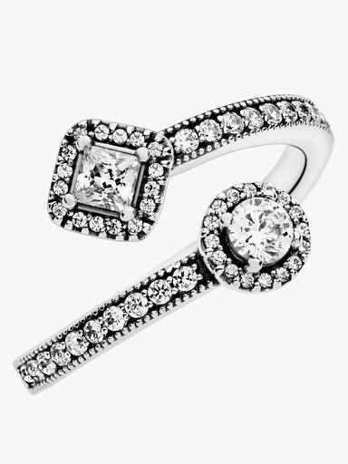 Open silver ring with clear cubic zirconia