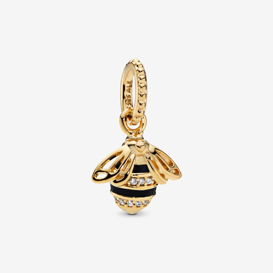 Bee 14k gold-plated pendant with black enamel and clear cubic zirconia image number 0