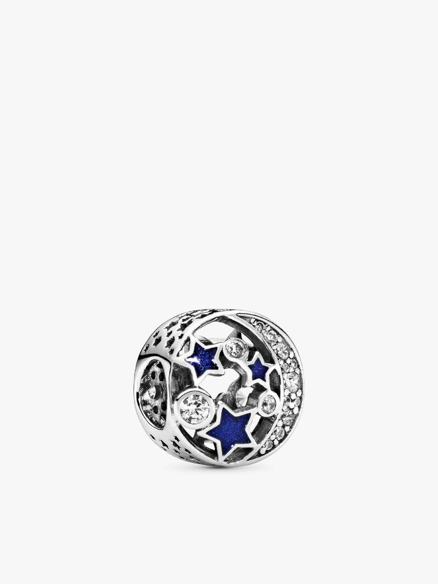 Moon and star silver charm with clear cubic zirconia and blue enamel