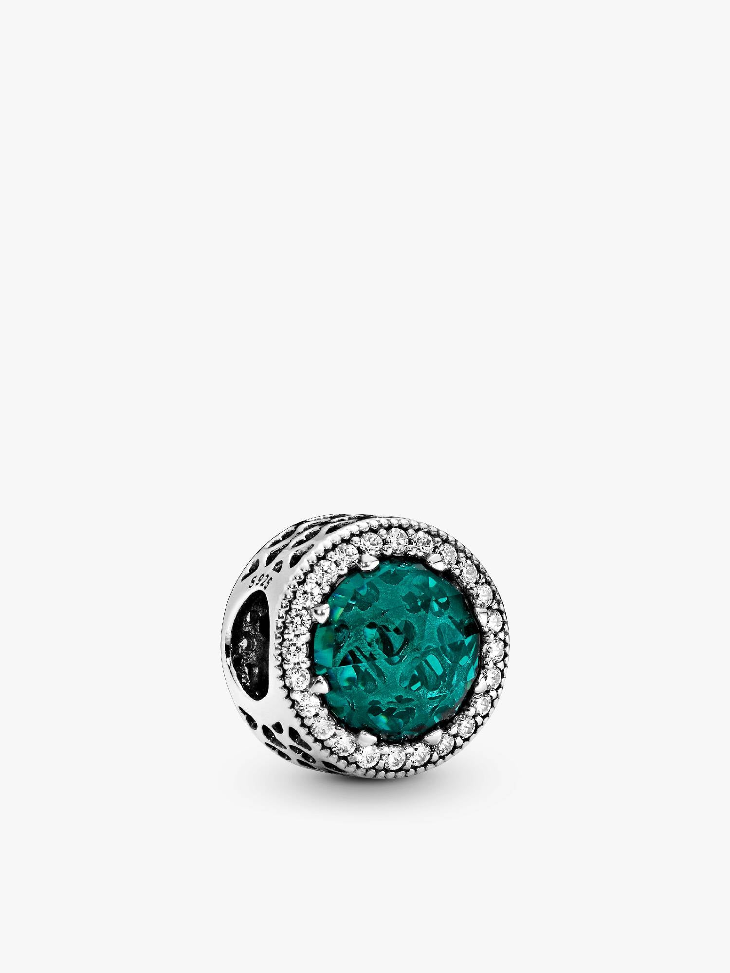 Abstract silver charm with sea green crystal and clear cubic zirconia