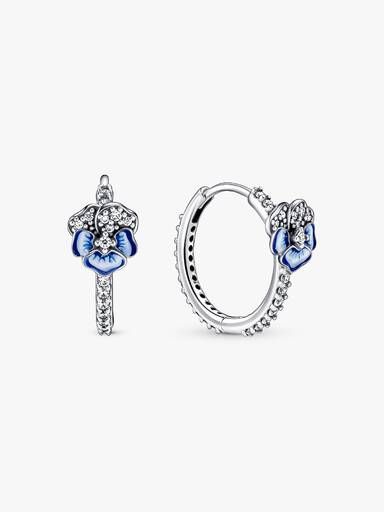 Blue Pansy Flower Hoop Earrings