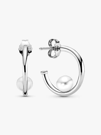 Silver hoop earrings with white freshwater cultured pearl