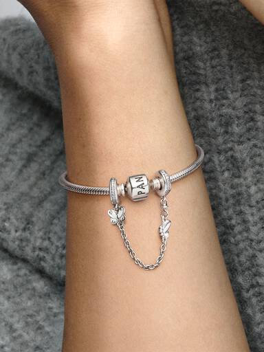 Butterfly silver safety chain with clear cubic zirconia