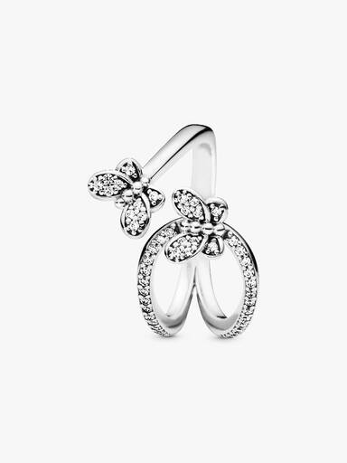 Butterfly silver open ring with clear cubic zirconia