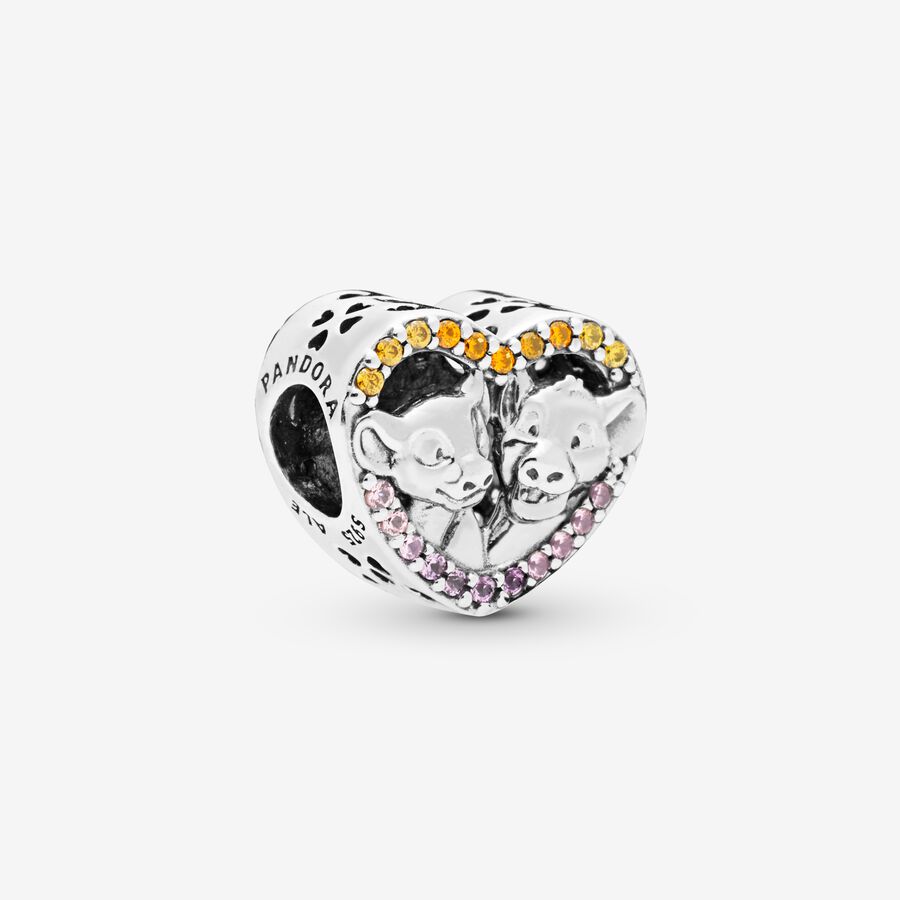 Disney Simba and Nala silver heart charm with rose pink crystal, orange and honey CZ and synthetic pink sapphire image number 0