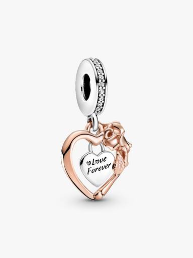 Heart & Rose Flower Dangle Charm