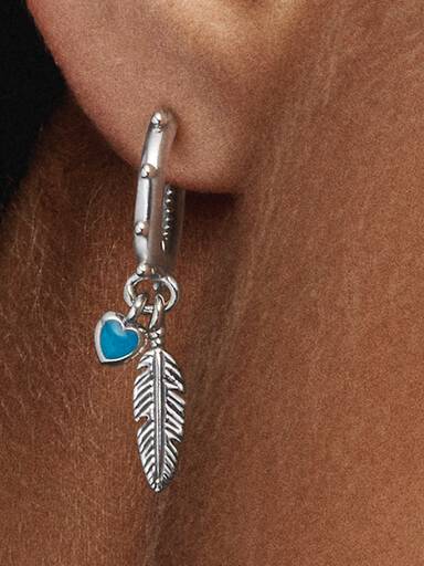 Feather silver hoop earrings with turquoise enamel