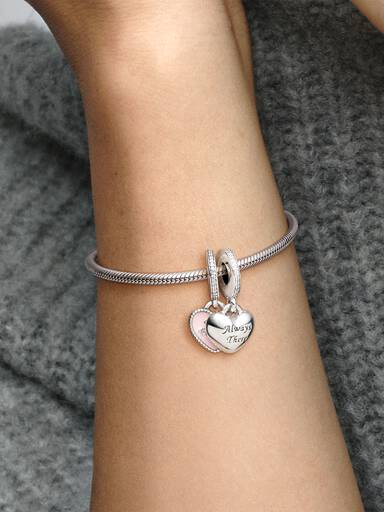 Double heart silver dangle with pink enamel and clear cubic zirconia