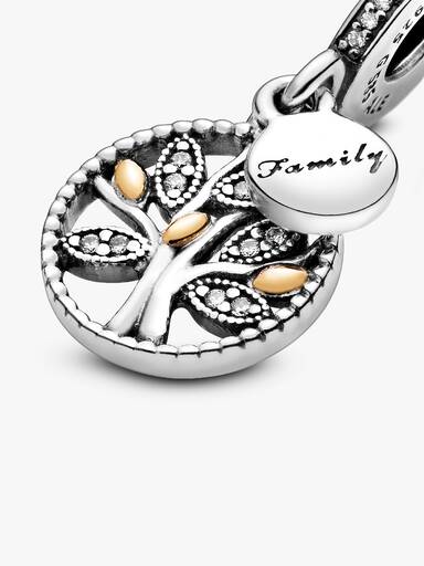 Family tree silver dangle with 14k and clear cubic zirconia