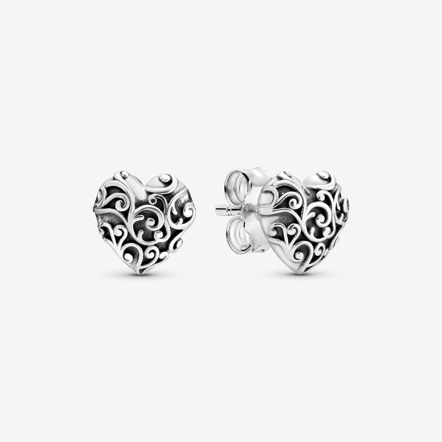 Regal pattern heart silver stud earrings image number 0