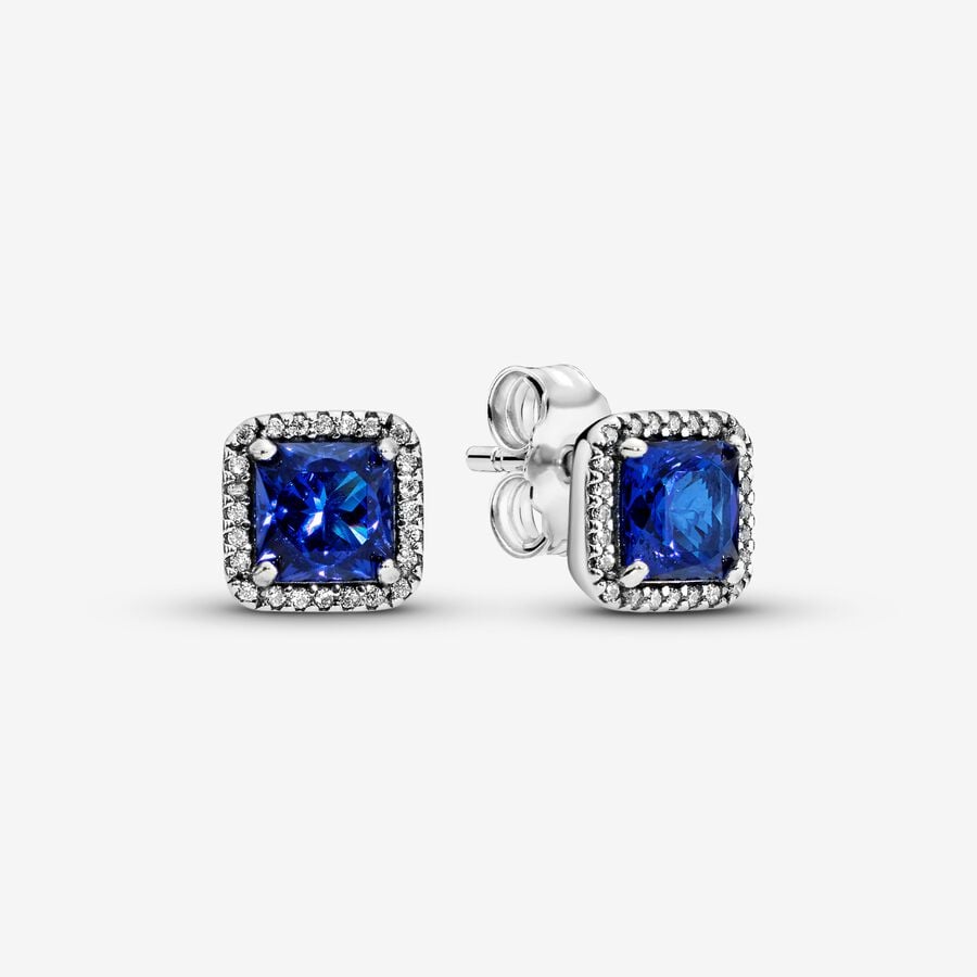 Silver stud earrings with true blue crystal and clear cubic zirconia image number 0