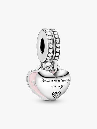 Mother and daughter split heart silver dangle with clear cubic zirconia and pink enamel