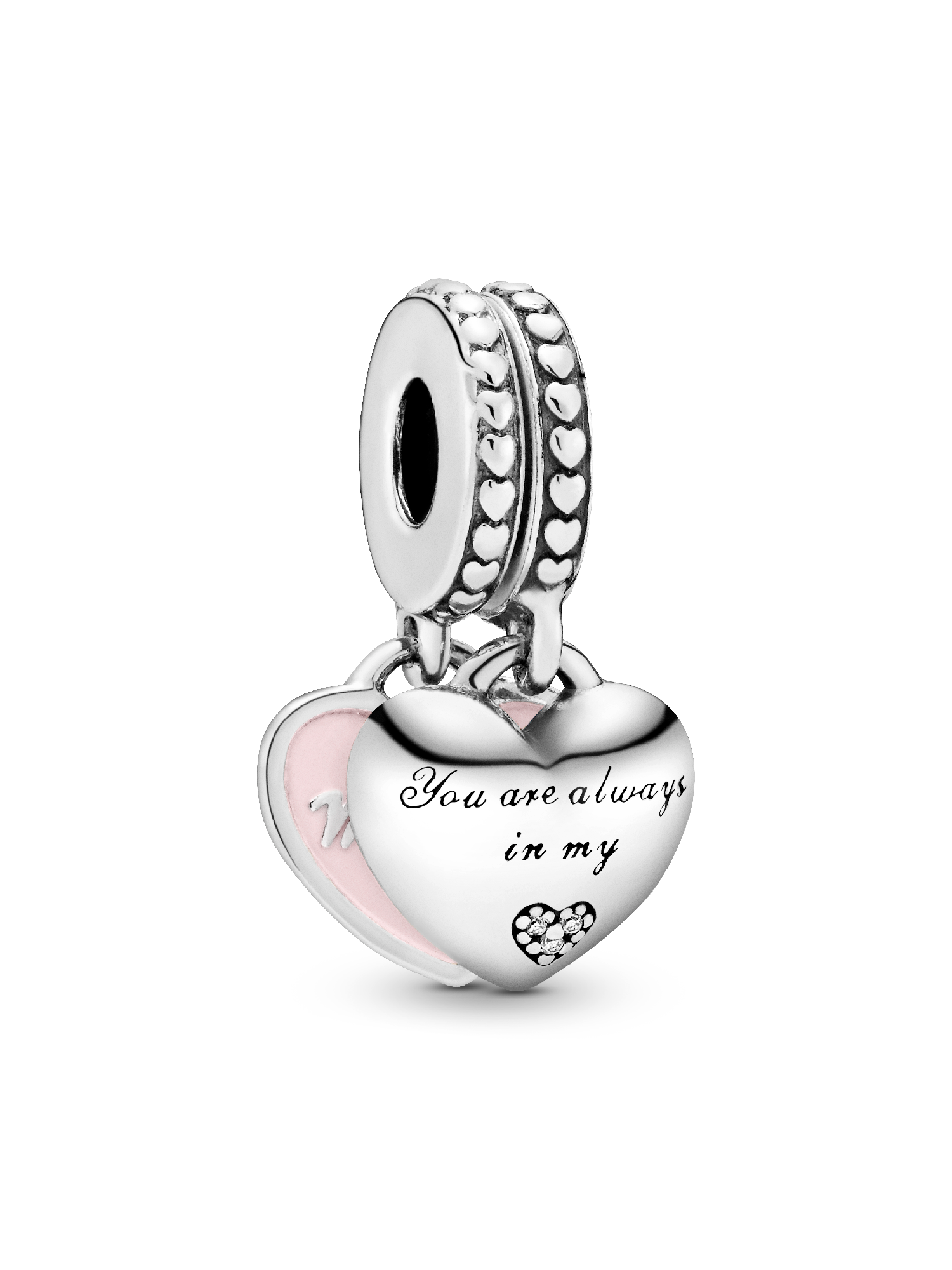 Mother and daughter split heart silver dangle with clear cubic zirconia and pink enamel