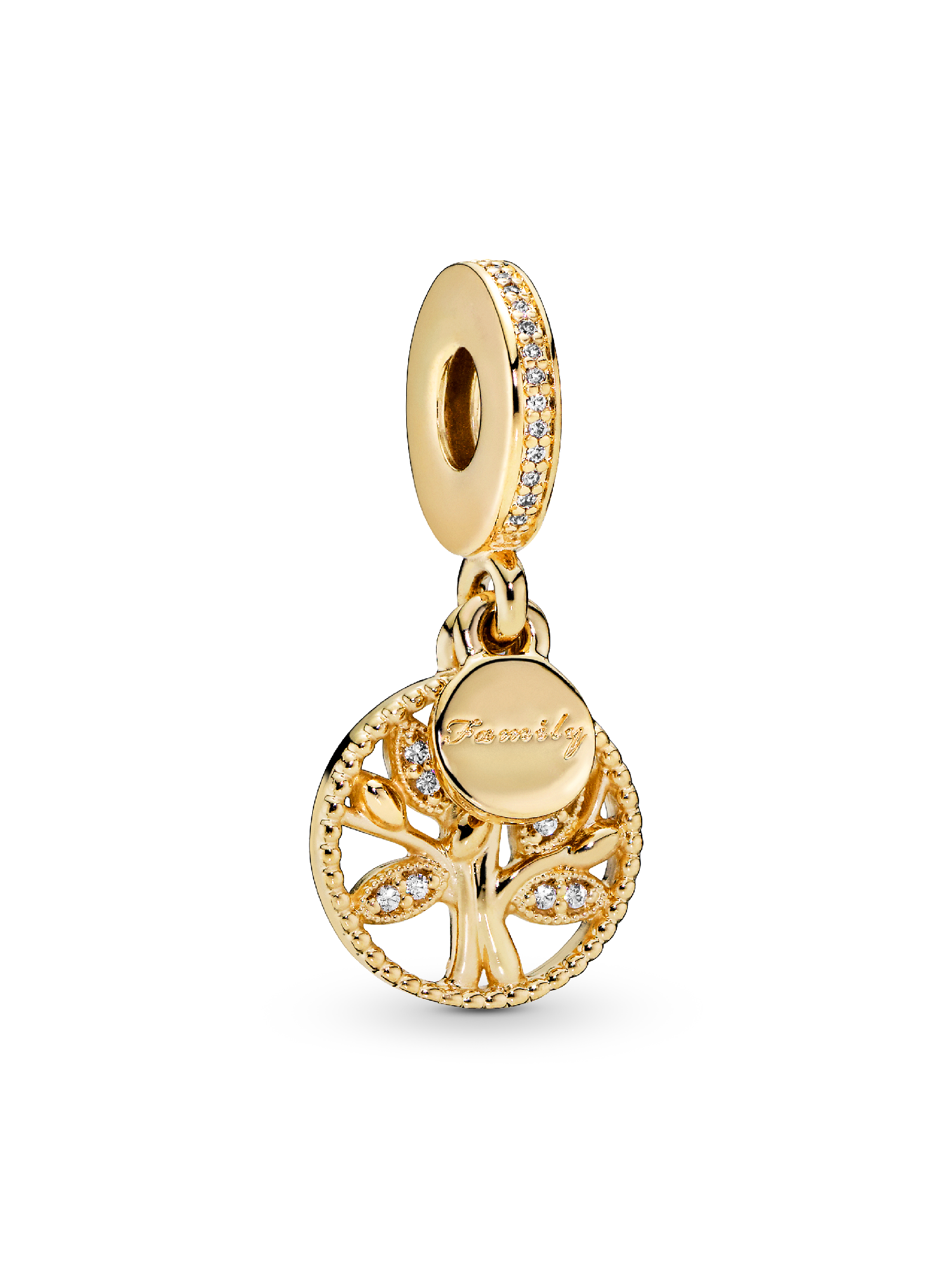 Family tree 14k gold-plated dangle with clear cubic zirconia