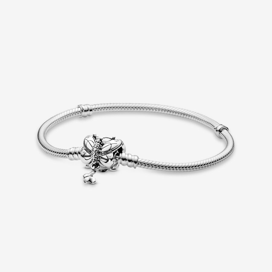 Snake chain silver bracelet and butterfly clasp with clear cubic zirconia image number 0