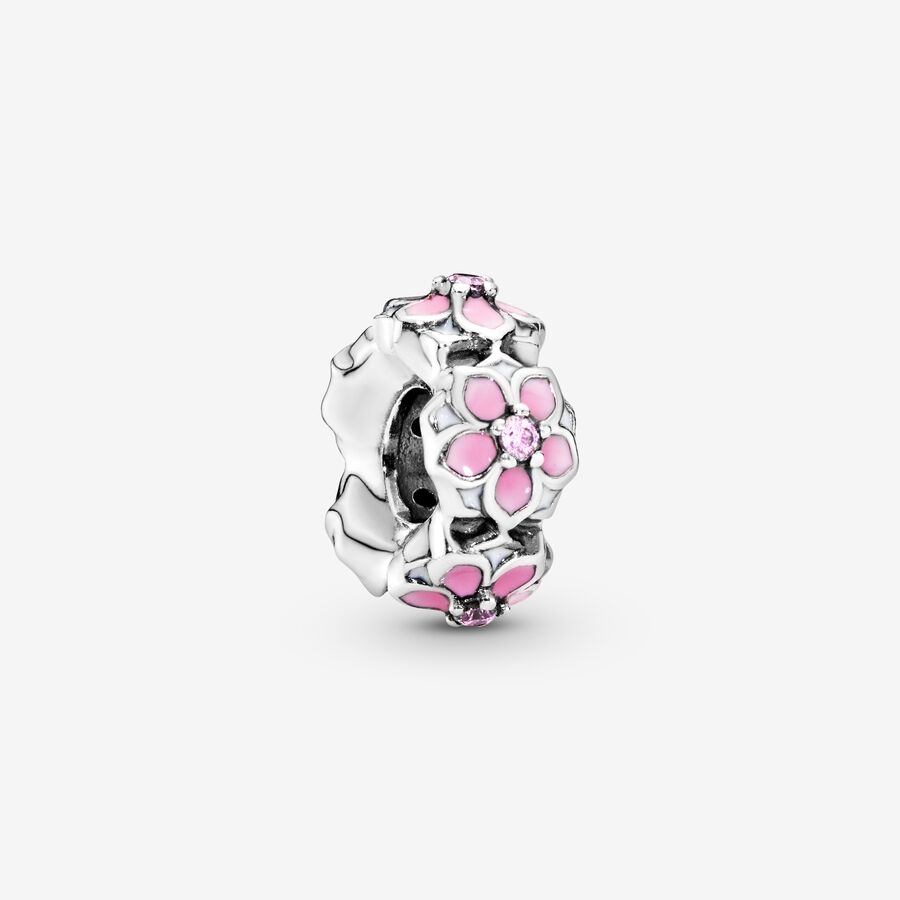 Magnolia silver spacer with pink cubic zirconia, white and shaded pink enamel image number 0