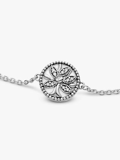 Family tree silver bracelet with clear cubic zirconia and white enamel
