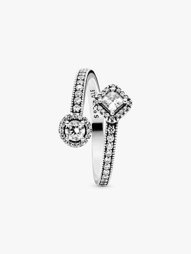 Open silver ring with clear cubic zirconia
