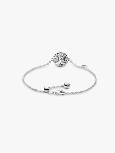 Family tree silver bracelet with clear cubic zirconia and white enamel