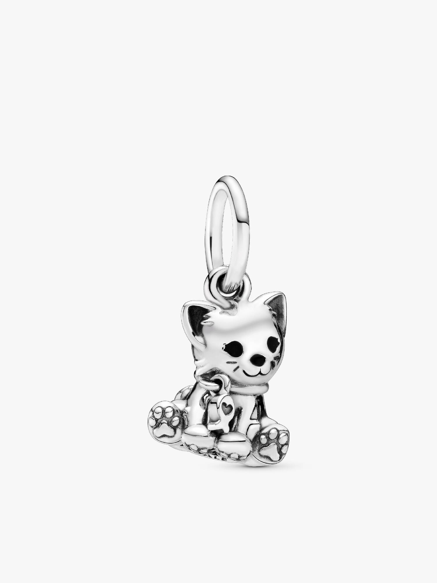 Cat silver dangle with black enamel