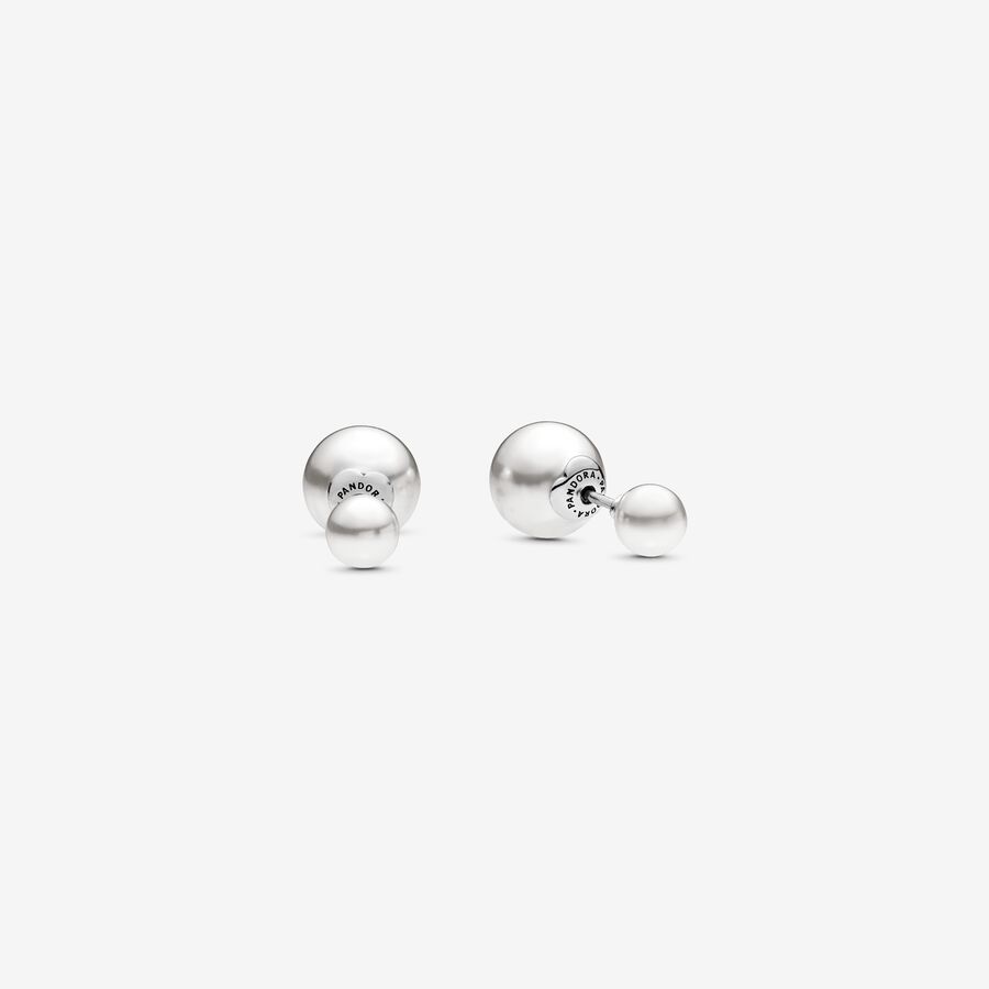 Double-sided silver earrings with white crystal pearl image number 0