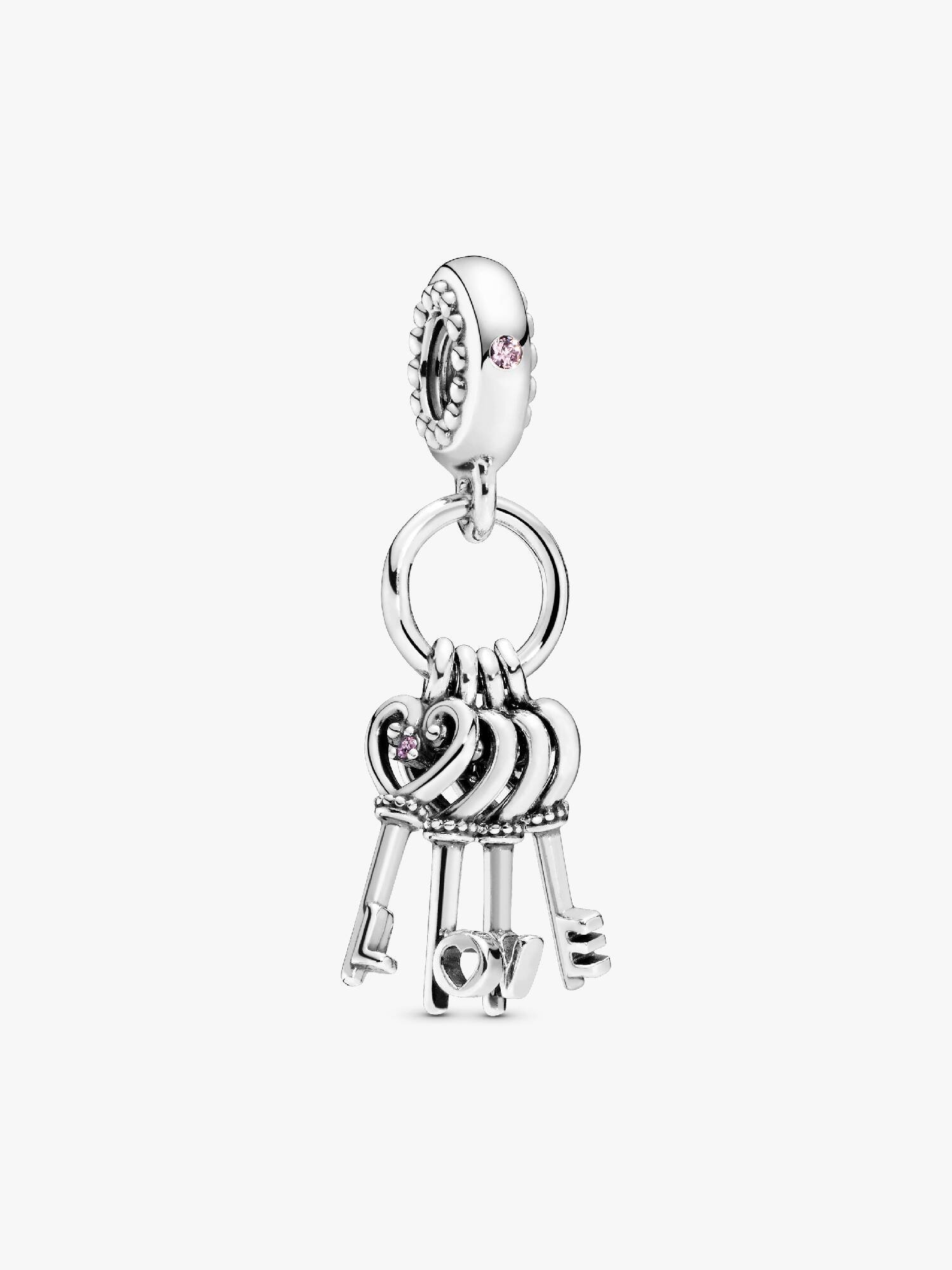 Love keys silver dangle with pink mist, royal purple, royal blue crystal and red cubic zirconia