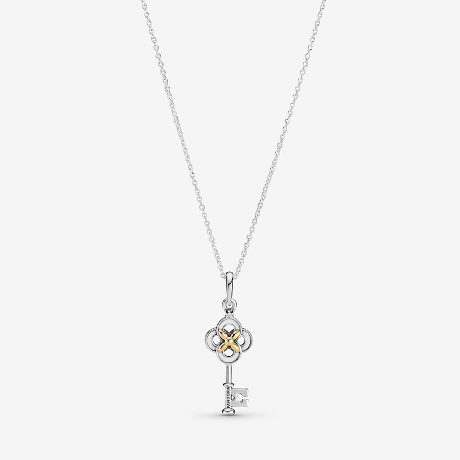 Two-tone Key & Flower Necklace image number 0