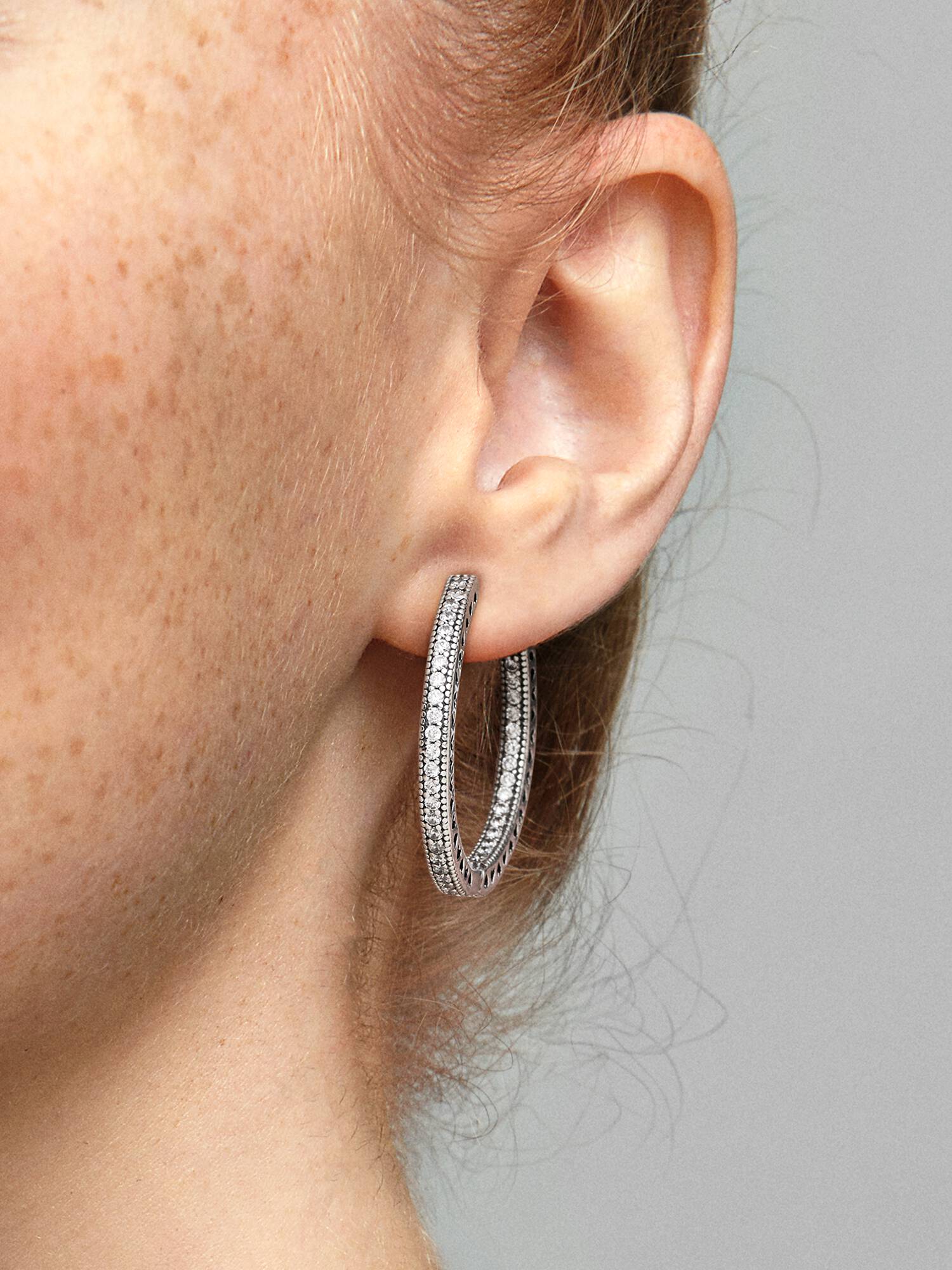 Hoop silver earrings with clear cubic zirconia, 27 mm