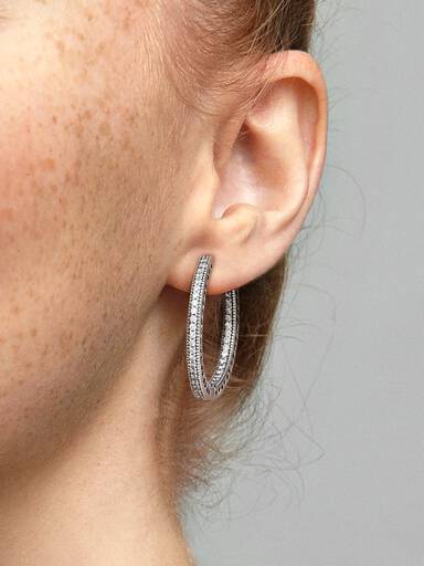 Hoop silver earrings with clear cubic zirconia, 27 mm