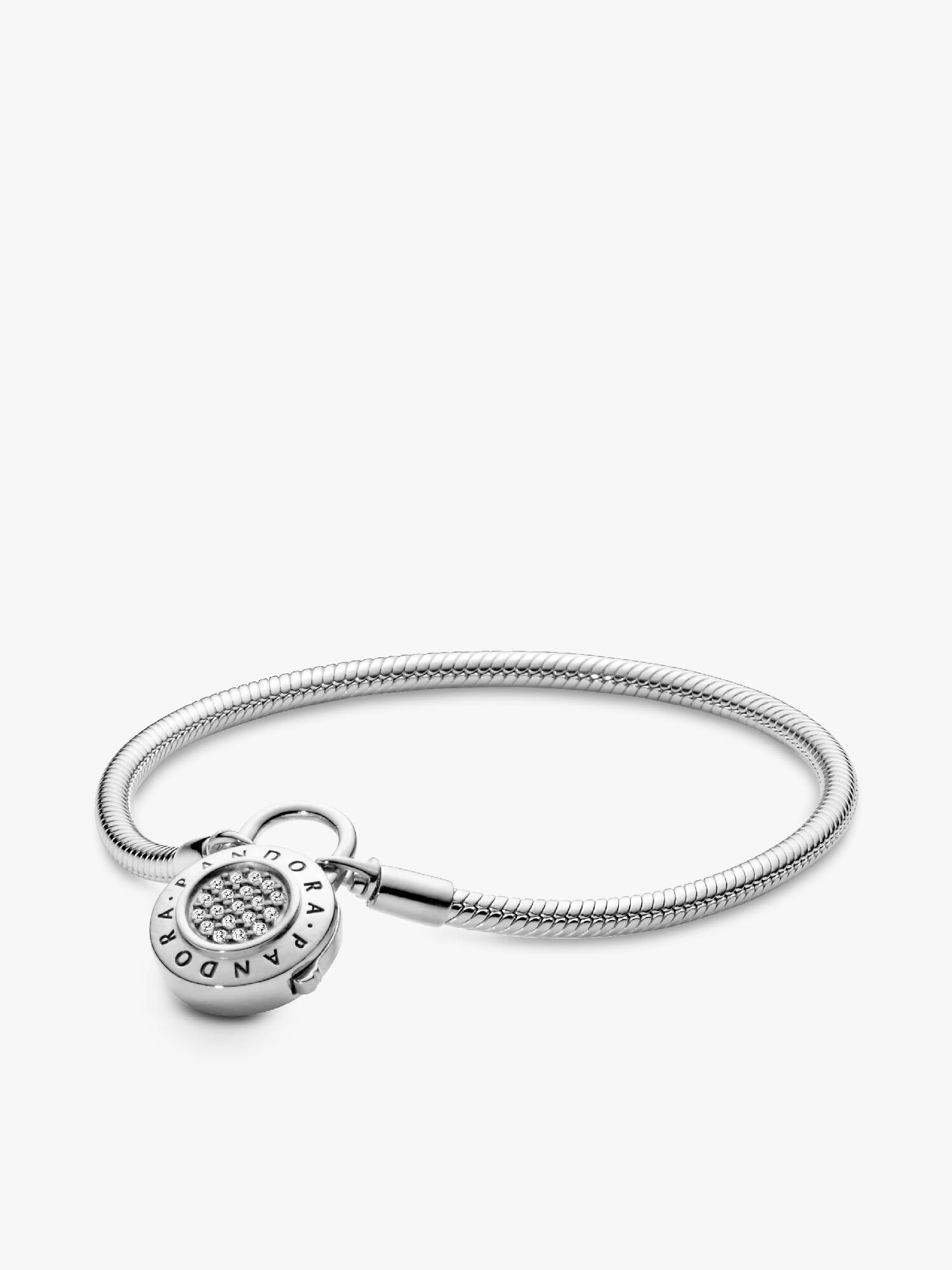 Snake chain silver bracelet and PANDORA logo padlock clasp with clear cubic zirconia