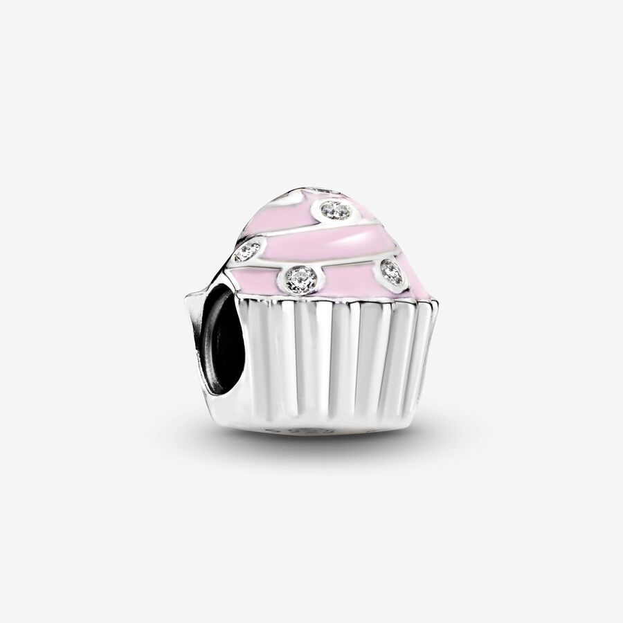 Cupcake silver charm with clear cubic zirconia and pink enamel image number 0