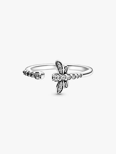 Dragonfly sterling silver open ring with clear cubic zirconia