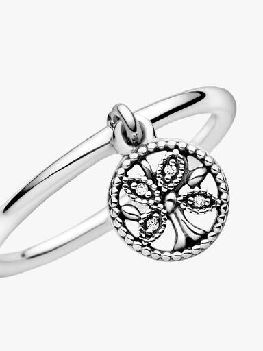 Family tree silver ring with clear cubic zirconia