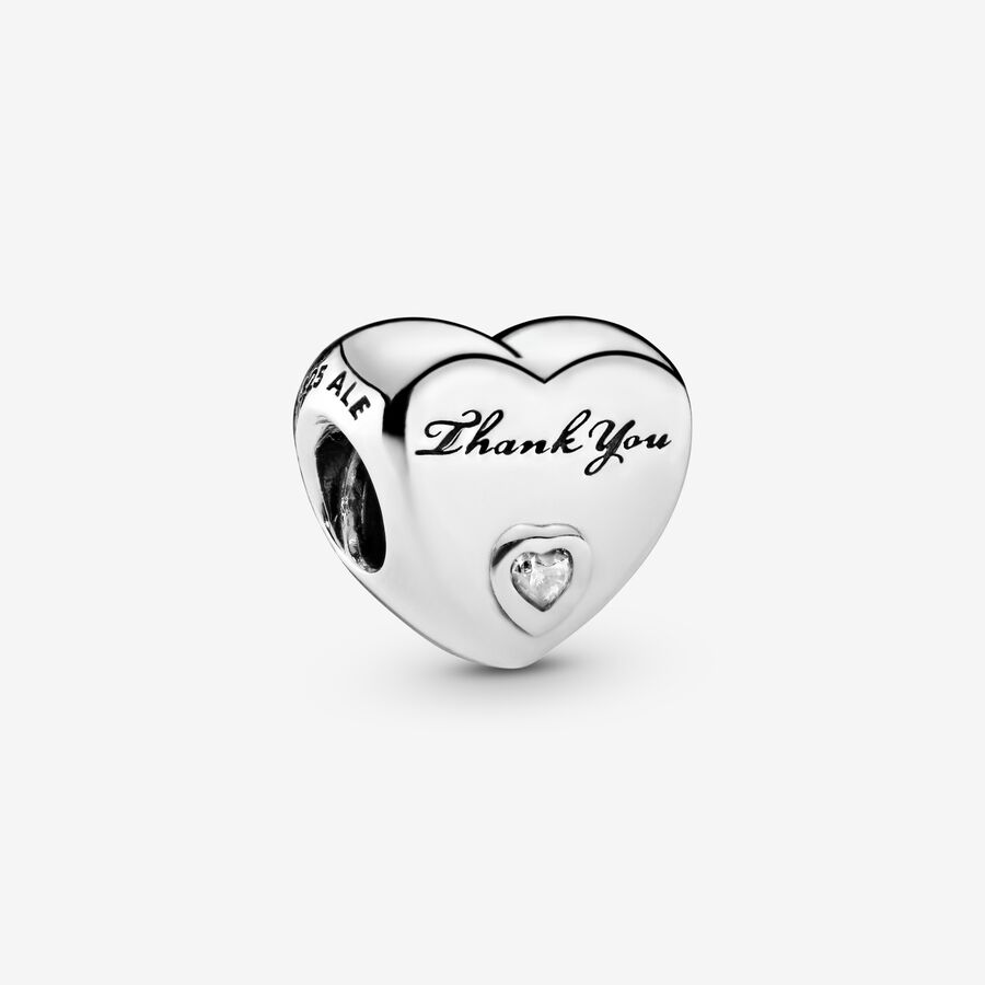 Thank you heart silver charm with clear cubic zirconia image number 0