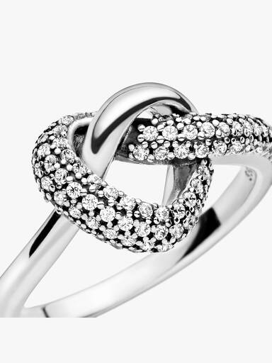 Knotted heart silver ring with clear cubic zirconia