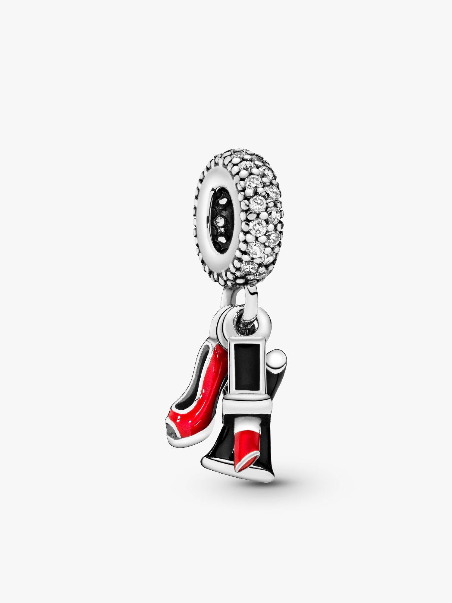 Shoe, dress and lipstick silver dangle with clear cubic zirconia, red and black enamel