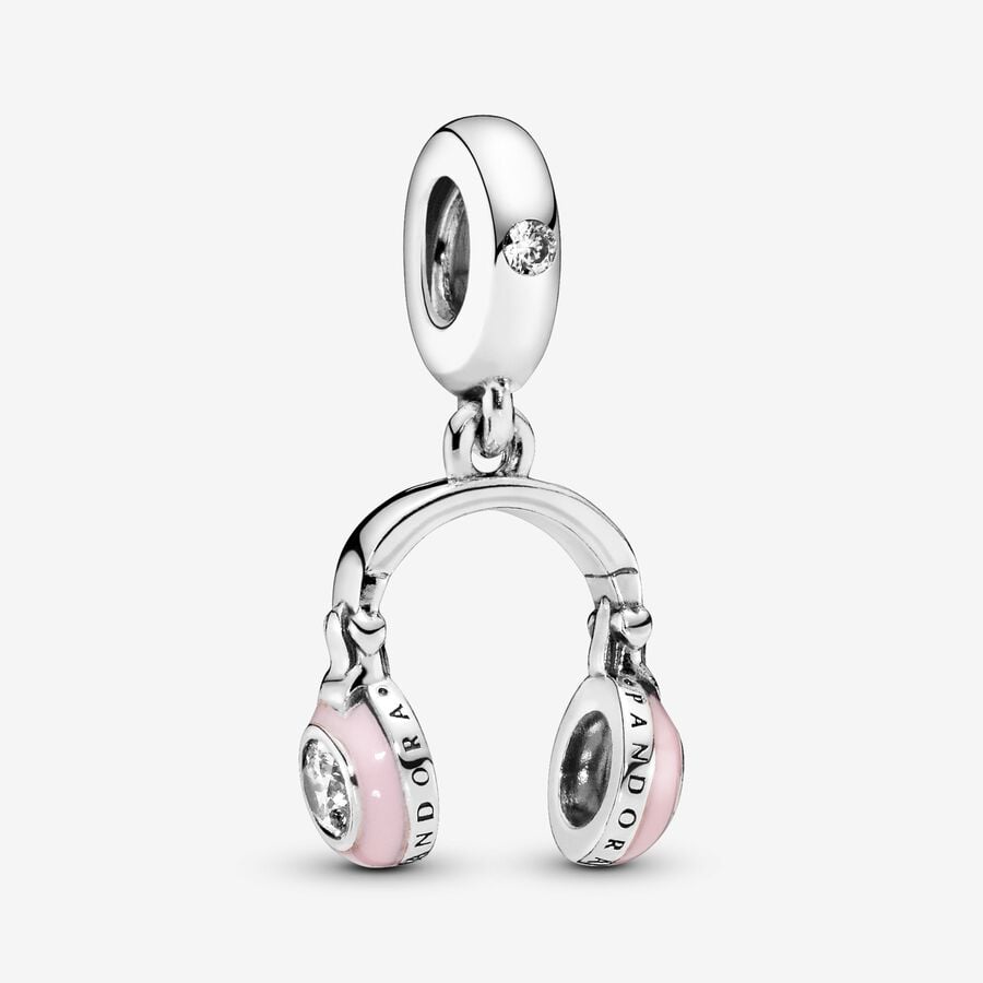 Headphones silver dangle with clear cubic zirconia and pink enamel image number 0