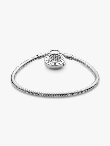 Snake chain silver bracelet and PANDORA logo padlock clasp with clear cubic zirconia