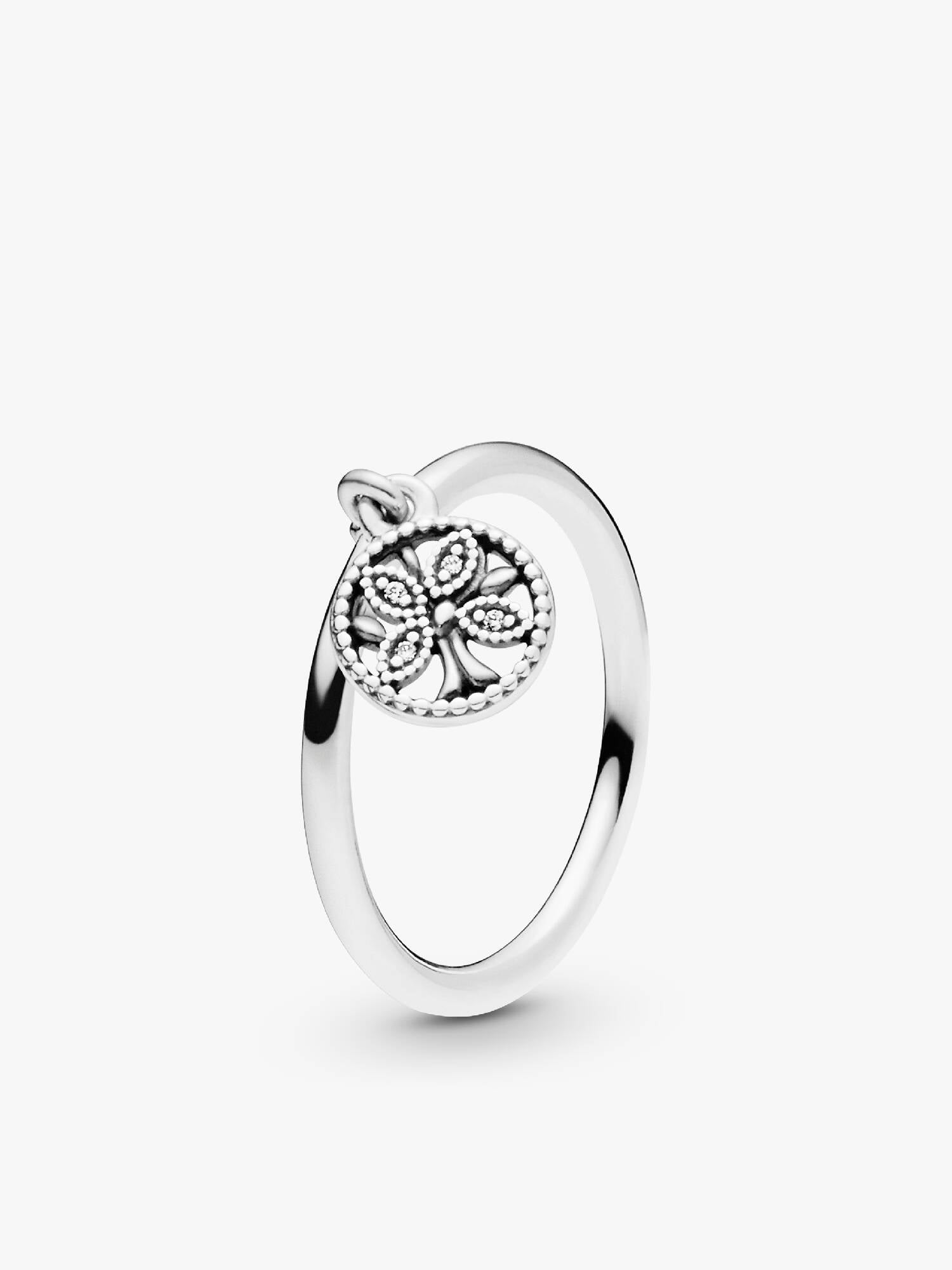 Family tree silver ring with clear cubic zirconia