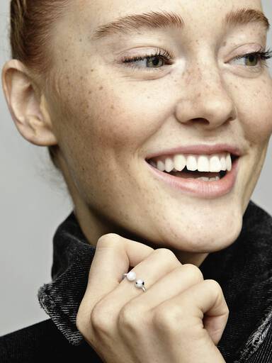 Open silver ring with white freshwater cultured pearl