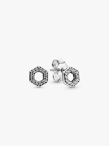 Hexagon sterling silver stud earrings with clear cubic zirconia