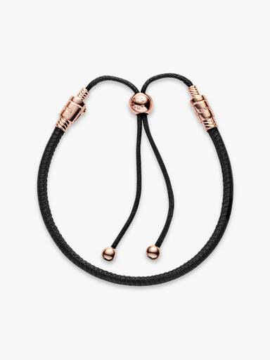 14k Rose gold-plated sliding bracelet in black leather, waxed cord with clear cubic zirconia