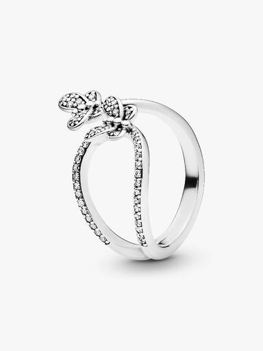 Butterfly silver open ring with clear cubic zirconia