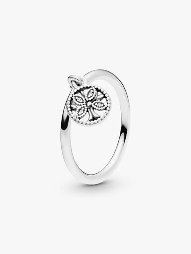 Family tree silver ring with clear cubic zirconia