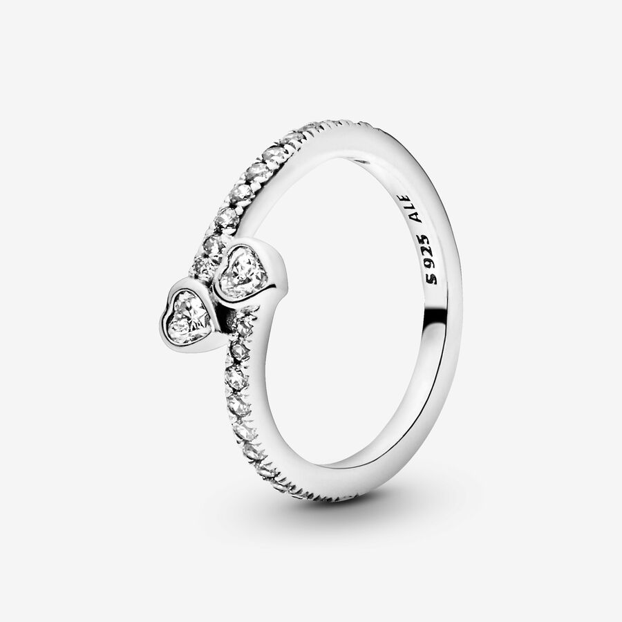 Hearts silver ring with clear cubic zirconia image number 0