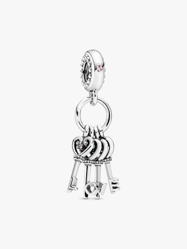 Love keys silver dangle with pink mist, royal purple, royal blue crystal and red cubic zirconia