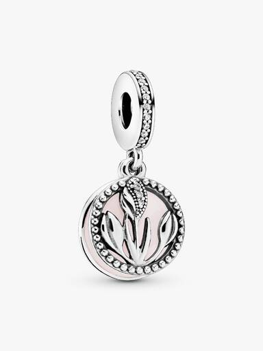 Tulip silver dangle with clear cubic zirconia, white and shaded pink enamel