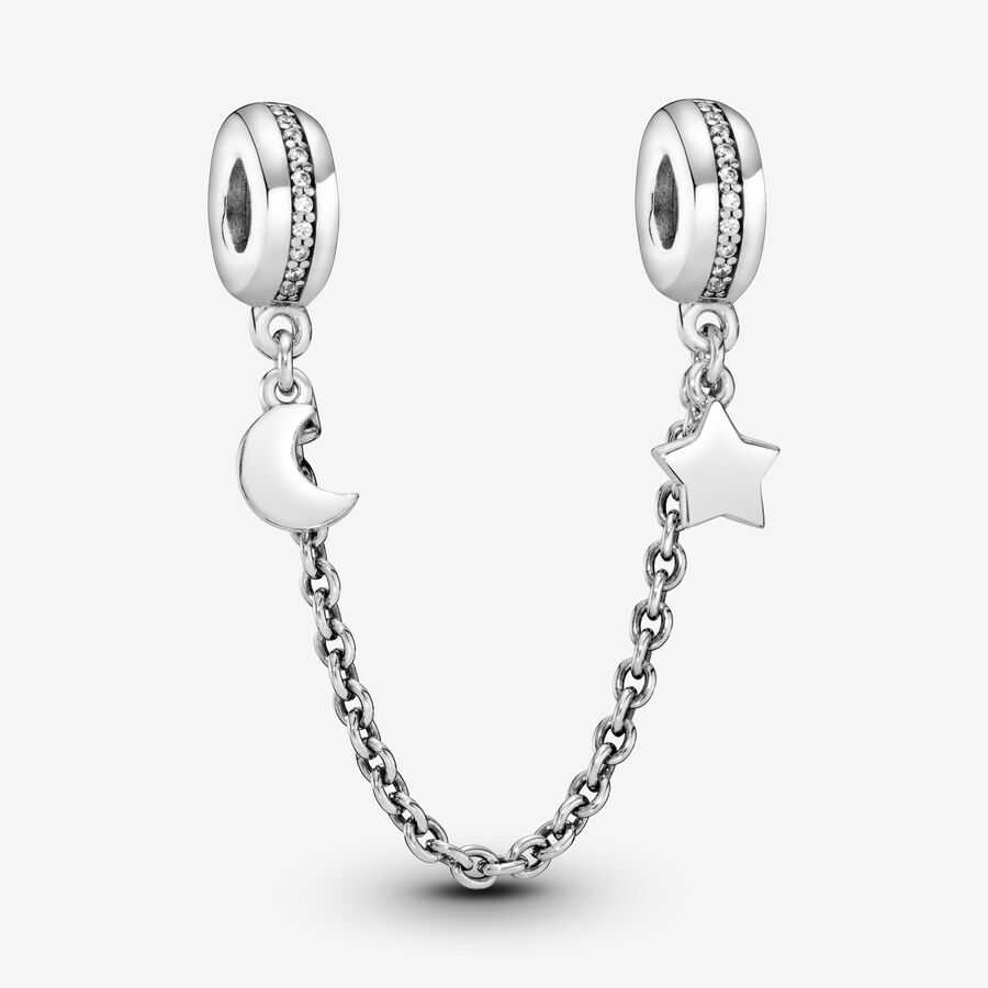 Moon and star silver safety chain with clear cubic zirconia image number 0