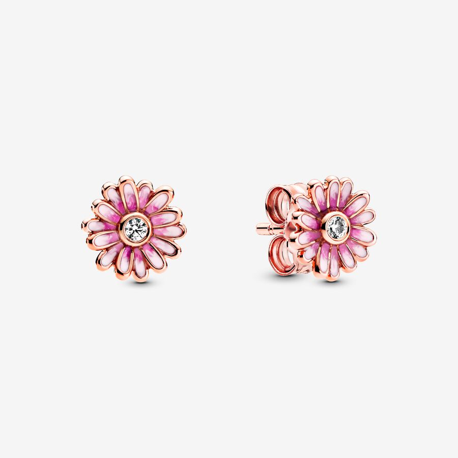 Daisy 14k rose gold-plated stud earrings with clear cubic zirconia and shaded pink enamel image number 0